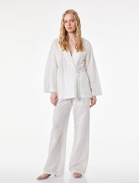 Pamuklu Cepli Yüksek Bel Düz Geniş Paça Brodeli Pantolon