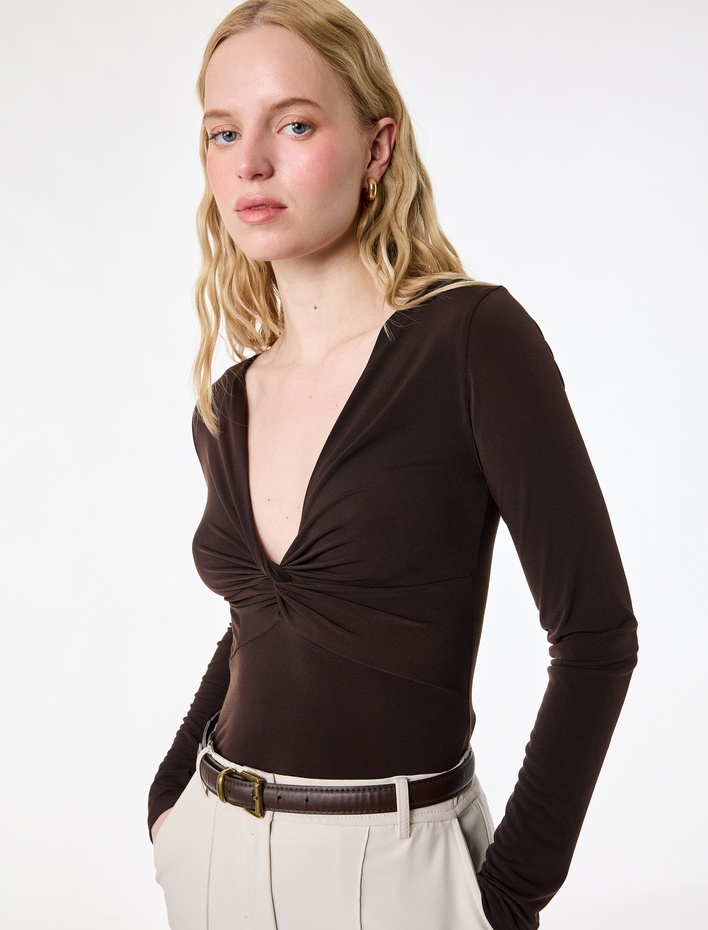  Sandy Kumaş Slim Fit Uzun Kollu Düğüm Detaylı V Yaka Tişört