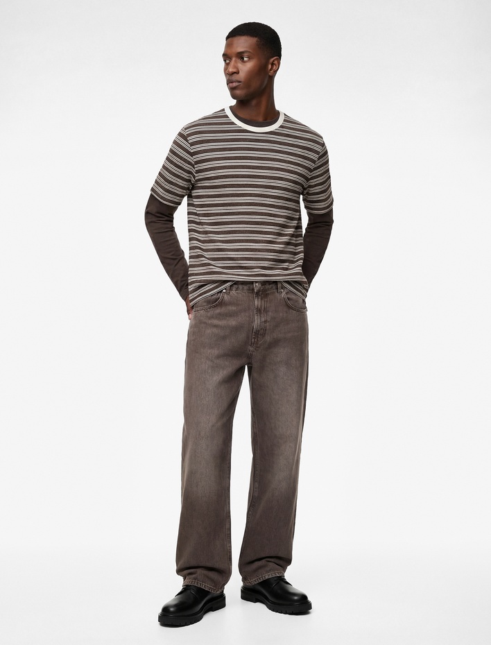  Regular Fit Kısa Kollu Bisiklet Yaka Çizgili Tişört