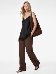 Kupro Viskon Kumaş Beli Lastikli Bağlamalı Cepli Düz Bol Paça Pantolon