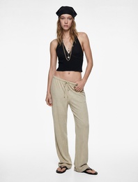 Rahat Kalıp Beli Bağcıklı Geniş Paça Keten Karışımlı Pantolon