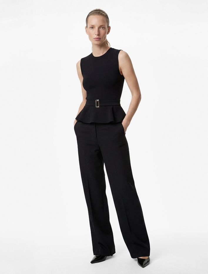  Slim Fit Kolsuz Bisiklet Yaka Kemerli Peplum Bluz