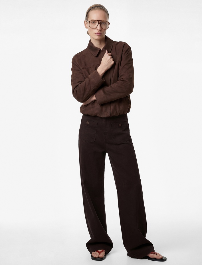  Yüksek Bel Cep Detaylı Düğmeli Geniş Paça Pantolon - Culotte Jeans