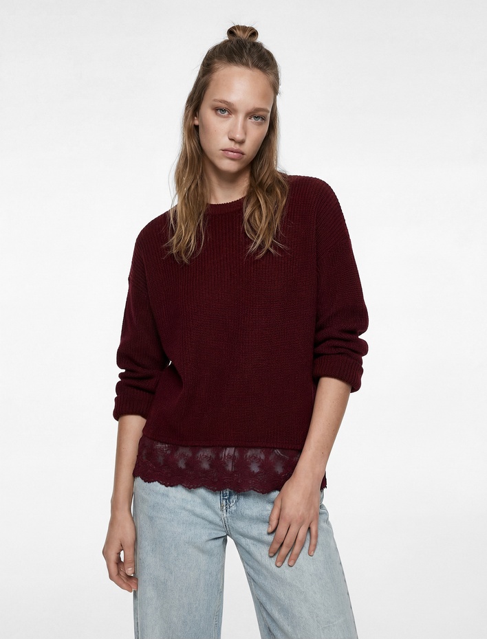  Dantel Detaylı Uzun Kollu Bisiklet Yaka Triko Kazak