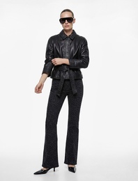 Cepli Yüksek Bel Leopar Desenli İspanyol Paça Jean Pantolon - Flare Jeans