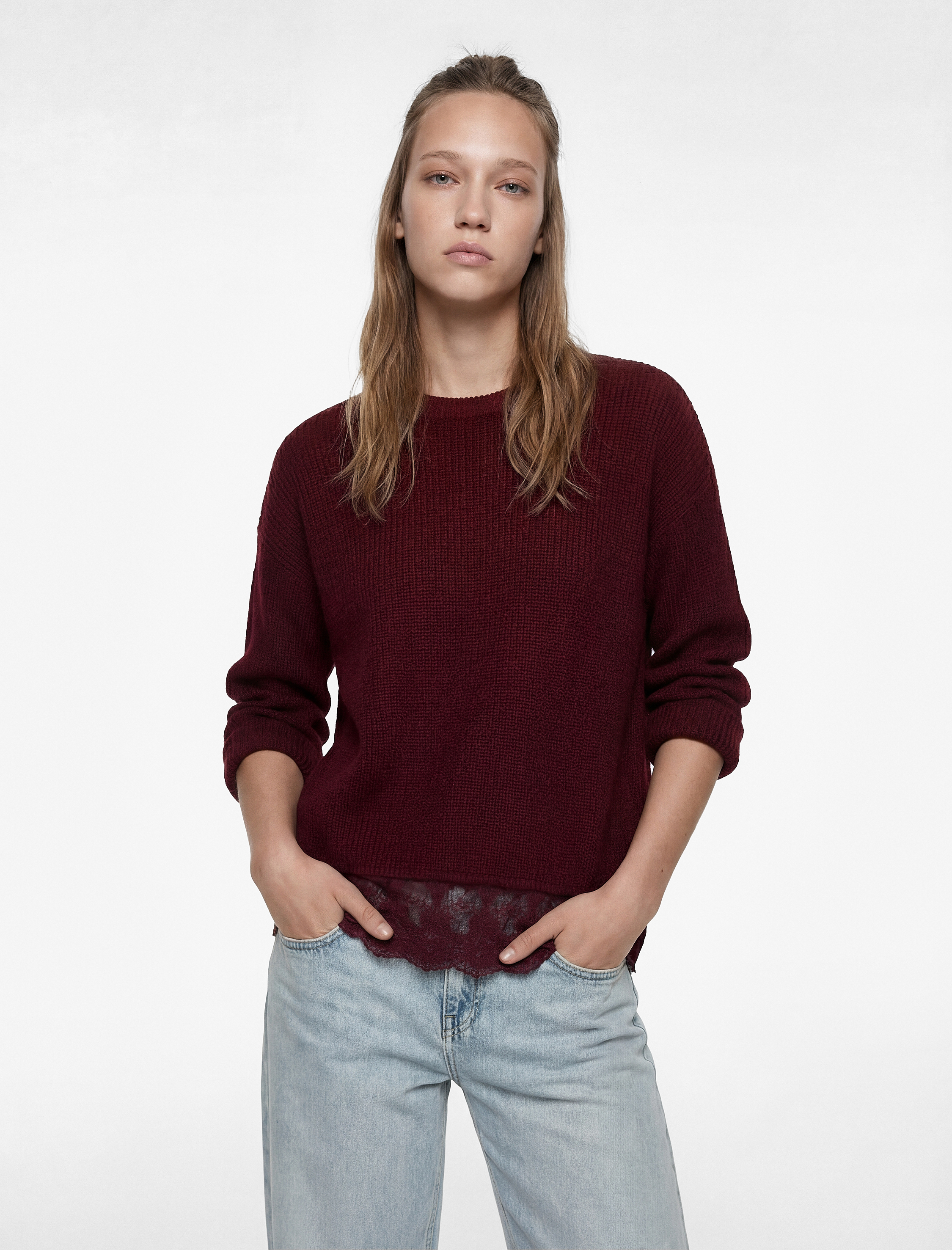   Dantel Detaylı Uzun Kollu Bisiklet Yaka Triko Kazak