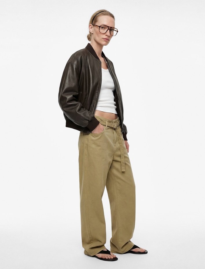  Pamuklu Yüksek Bel Kemerli Geniş Paça Pantolon - Wide Leg Jeans