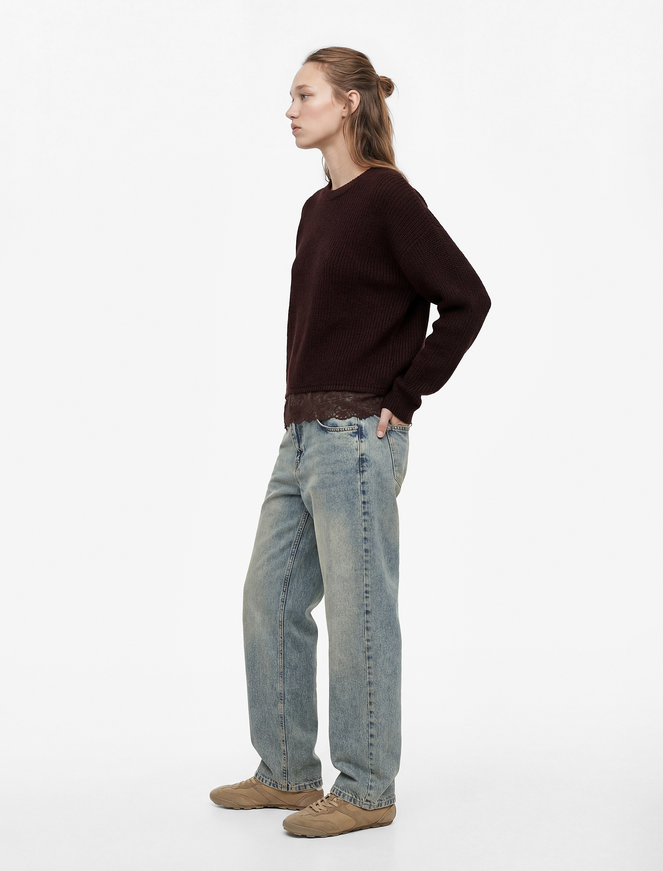   Dantel Detaylı Uzun Kollu Bisiklet Yaka Triko Kazak