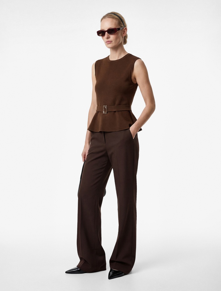  Slim Fit Kolsuz Bisiklet Yaka Kemerli Peplum Bluz