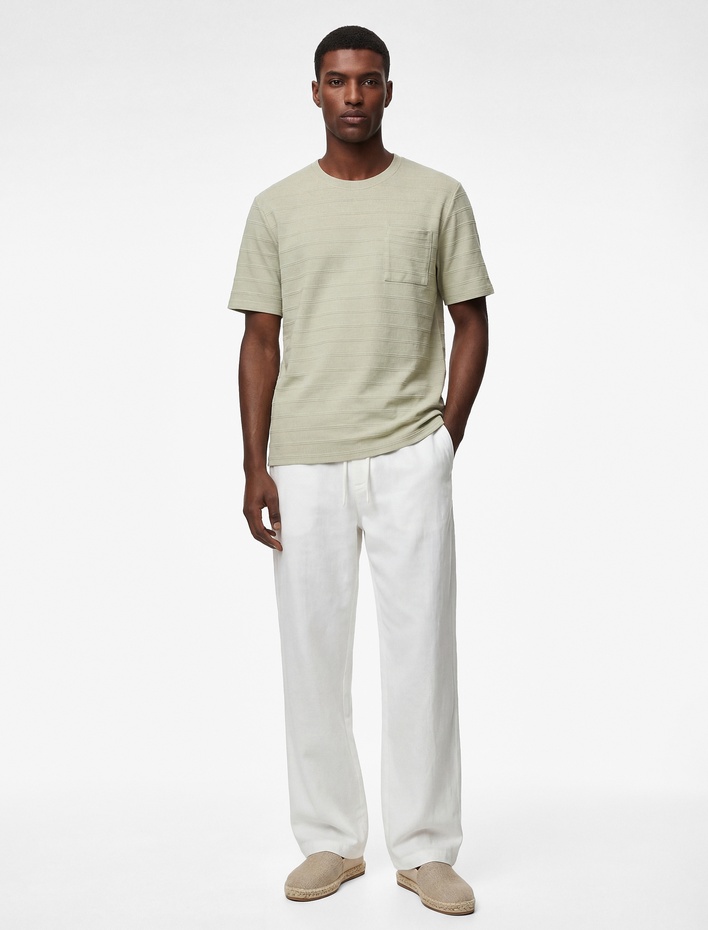  Regular Fit Kısa Kollu Cepli Dokulu Pamuklu Bisiklet Yaka Tişört