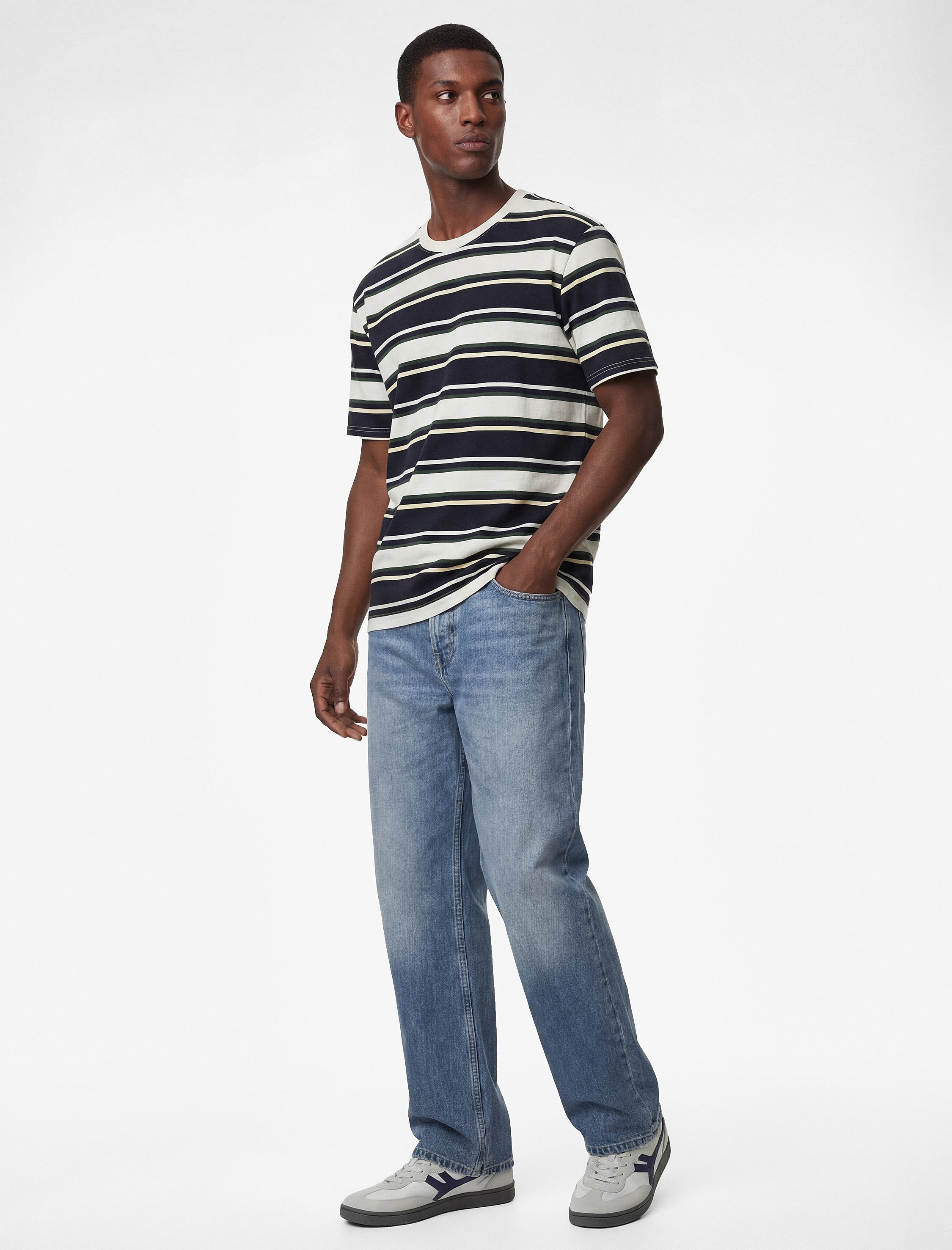   Oversize Kısa Kollu Bisiklet Yaka Çizgili Tişört