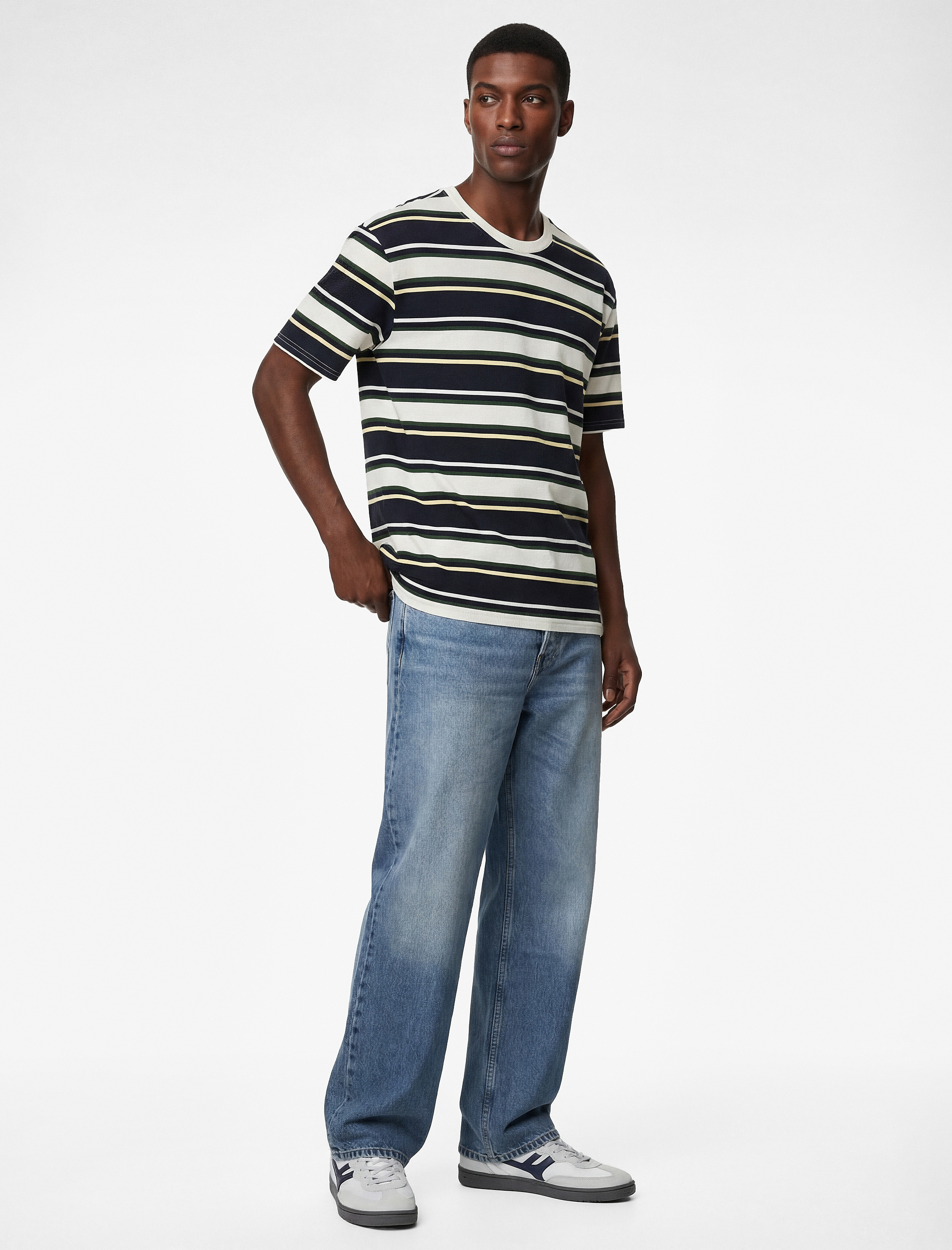   Oversize Kısa Kollu Bisiklet Yaka Çizgili Tişört