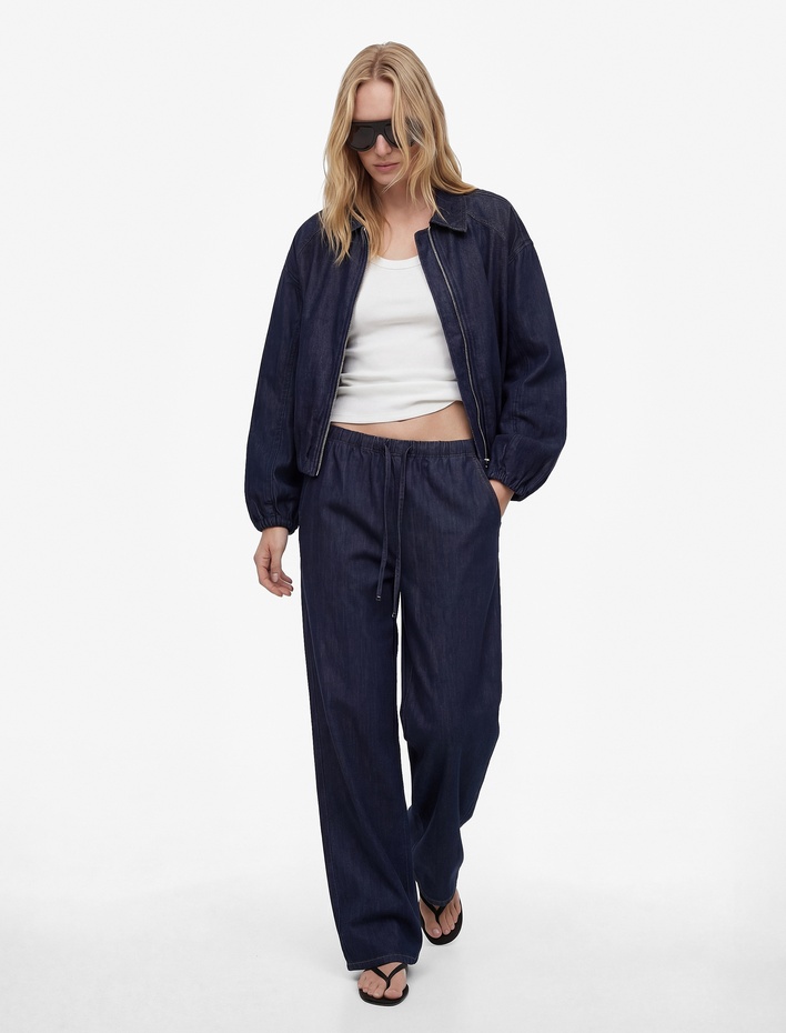  Pamuklu Cepli Rahat Kalıp Uzun Kollu Fermuarlı Denim Bomber Ceket