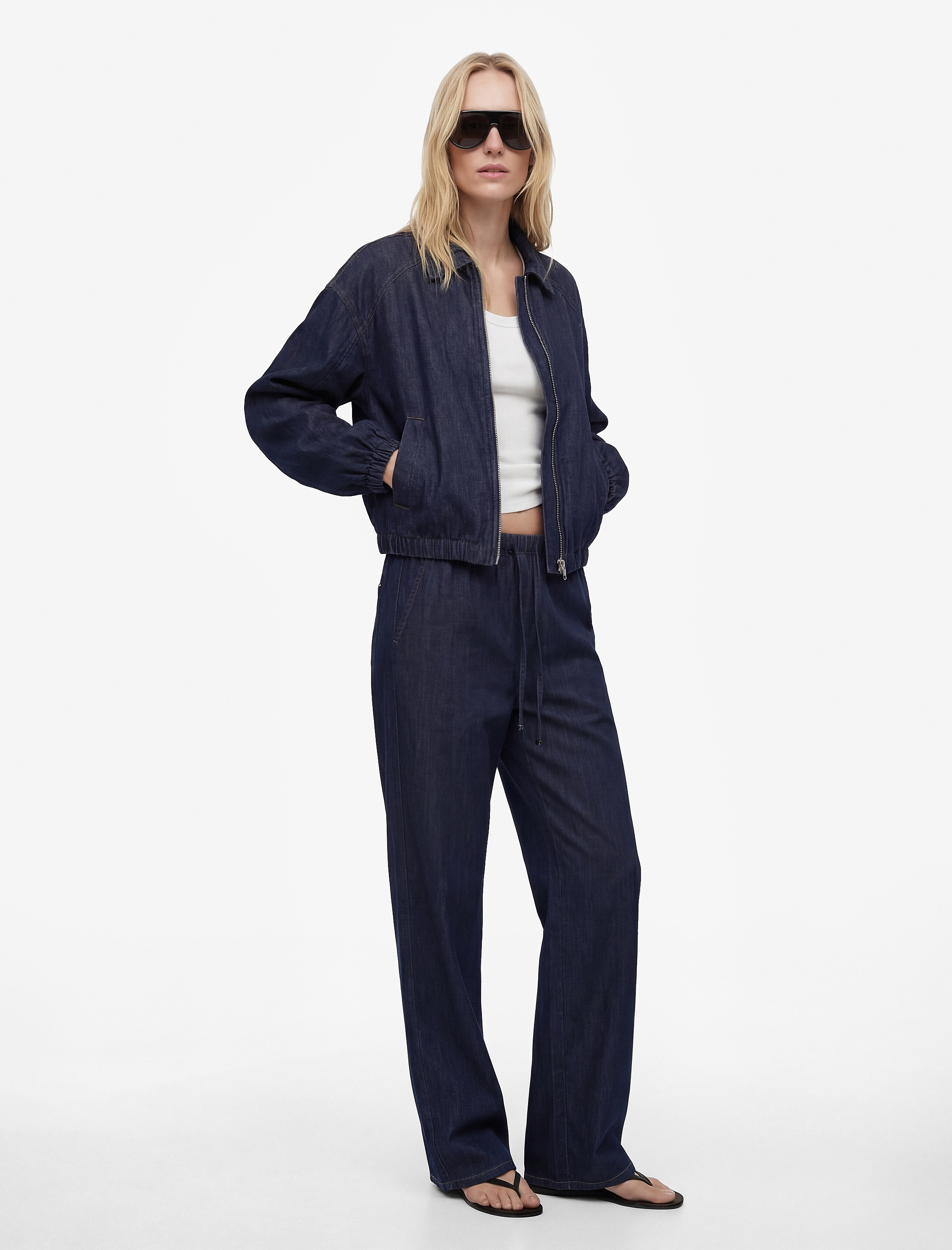   Pamuklu Cepli Rahat Kalıp Uzun Kollu Fermuarlı Denim Bomber Ceket