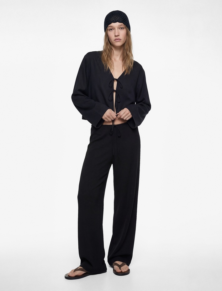  Bol Kalıp Beli Bağcıklı Geniş Paça Pantolon