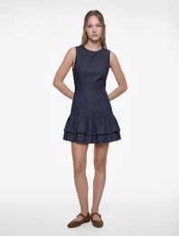 Viskon Karışımlı Slim Fit Bisiklet Yaka Kolsuz Katlı Mini Elbise