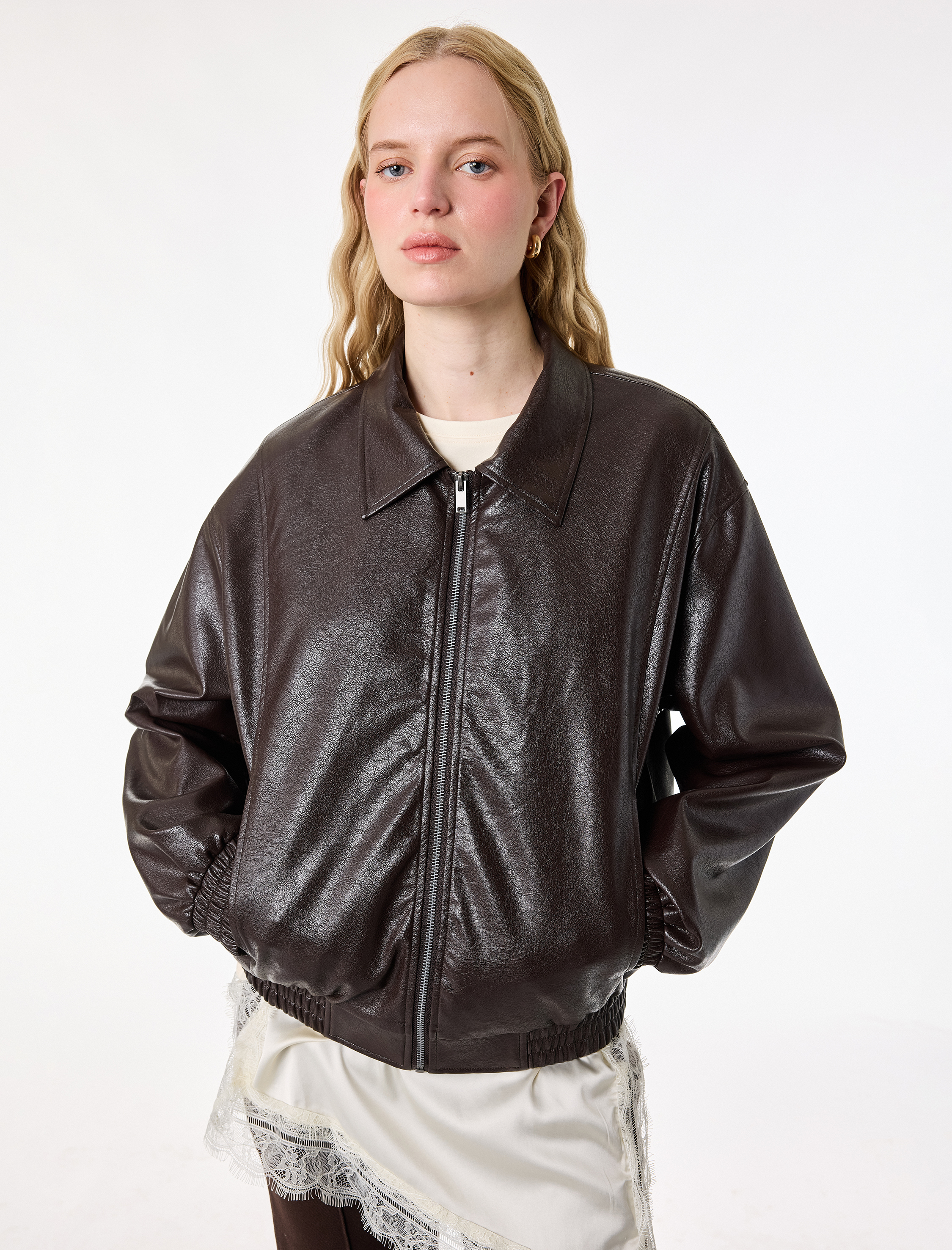   Uzun Kollu Cepli Fermuarlı Suni Deri Ceket