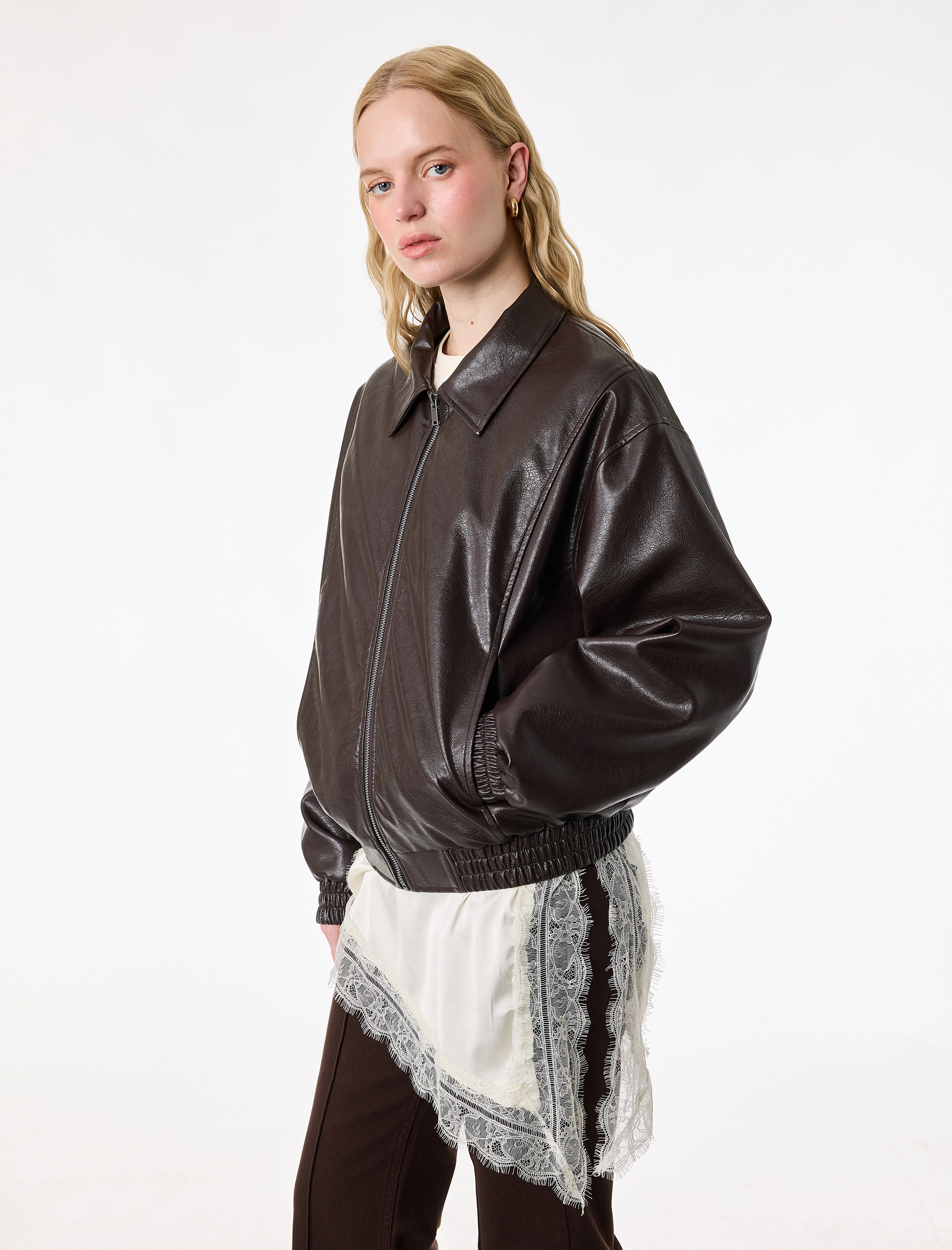   Uzun Kollu Cepli Fermuarlı Suni Deri Ceket