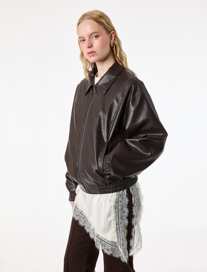  Uzun Kollu Cepli Fermuarlı Suni Deri Ceket