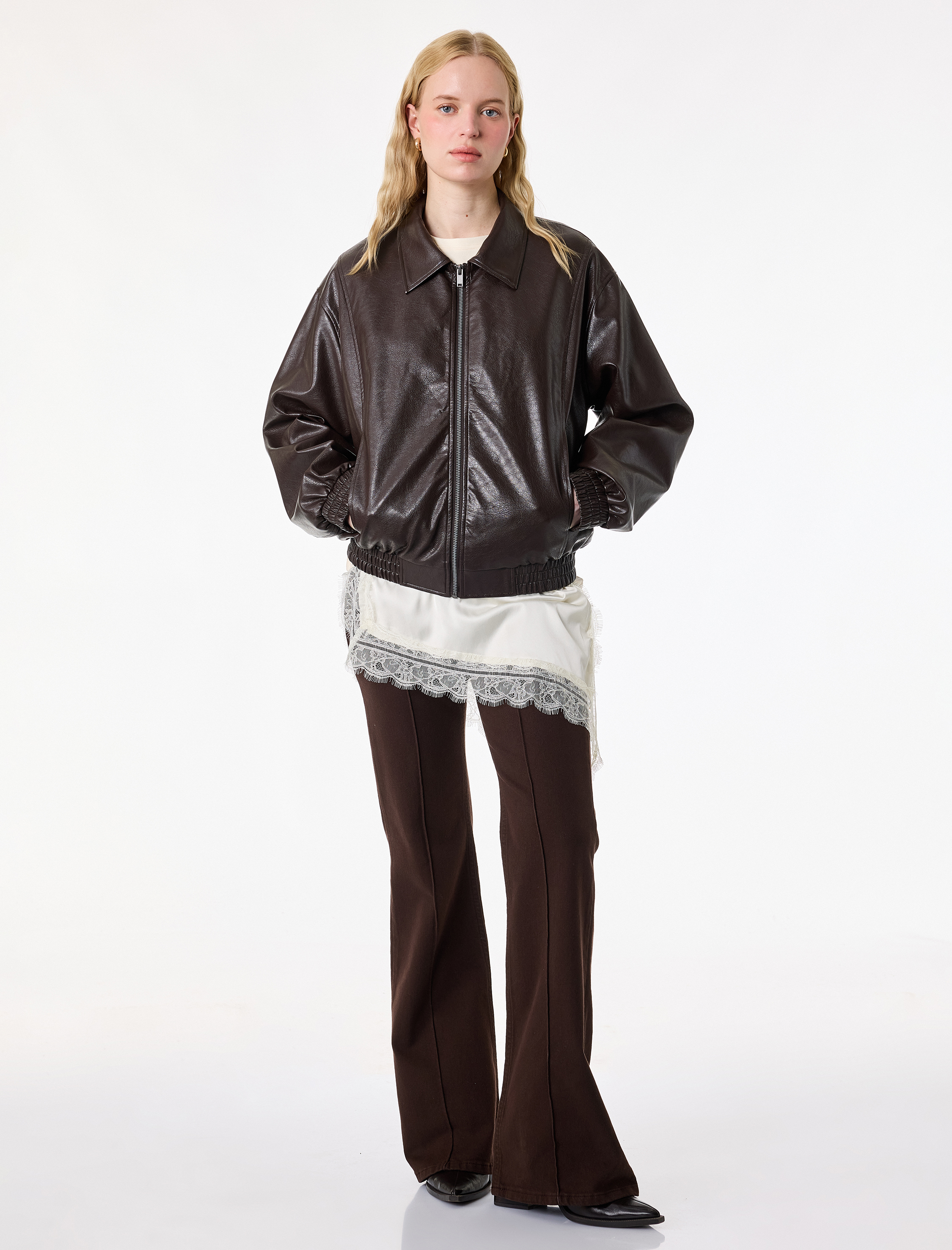   Uzun Kollu Cepli Fermuarlı Suni Deri Ceket