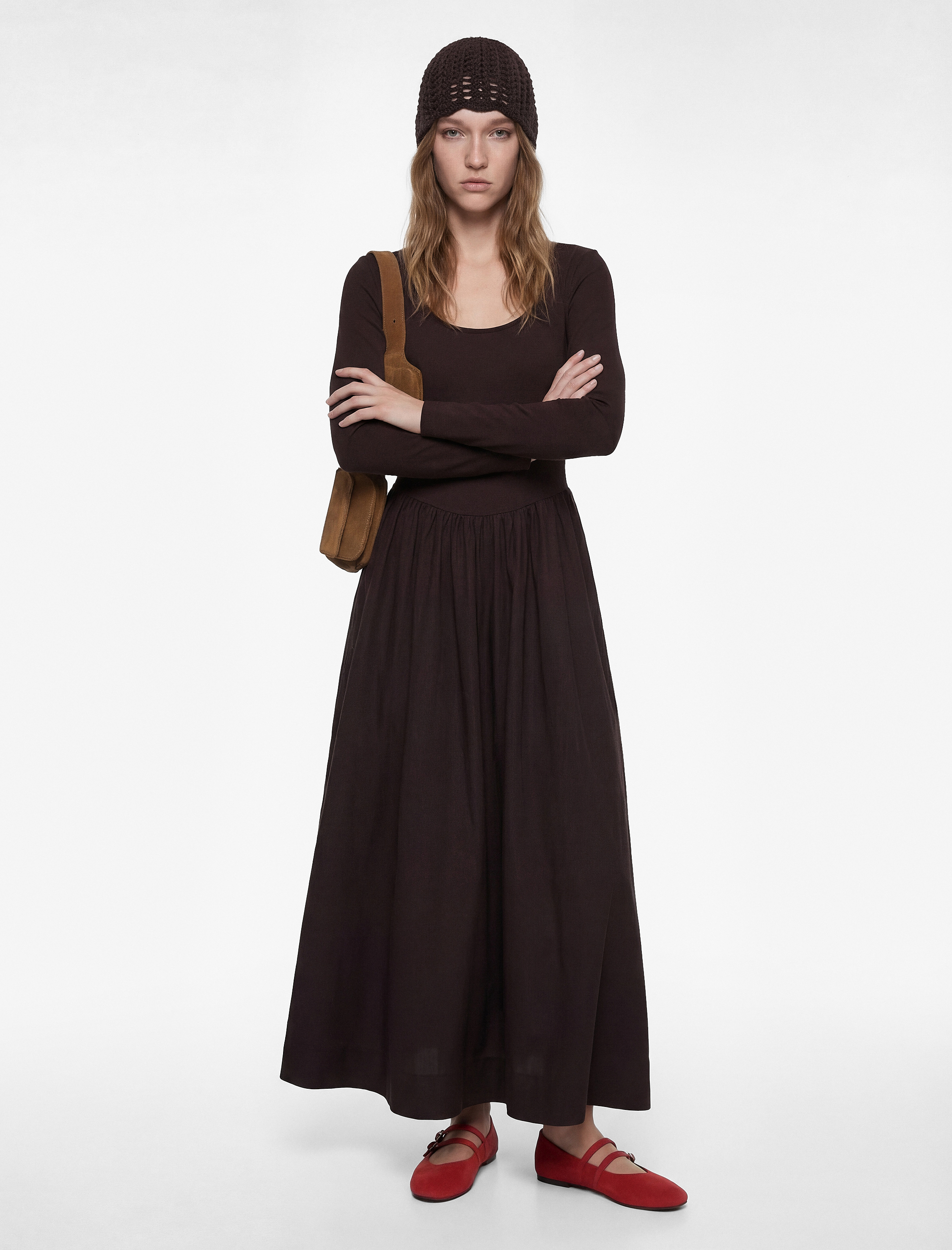   Rahat Kalıp Uzun Kollu Bisiklet Yaka A Kesim Maxi Elbise