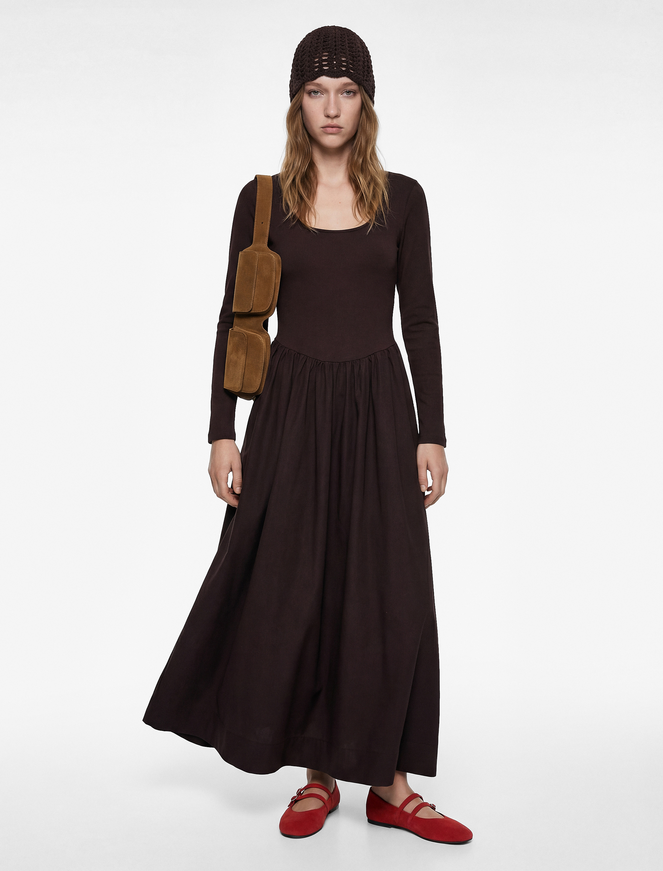   Rahat Kalıp Uzun Kollu Bisiklet Yaka A Kesim Maxi Elbise