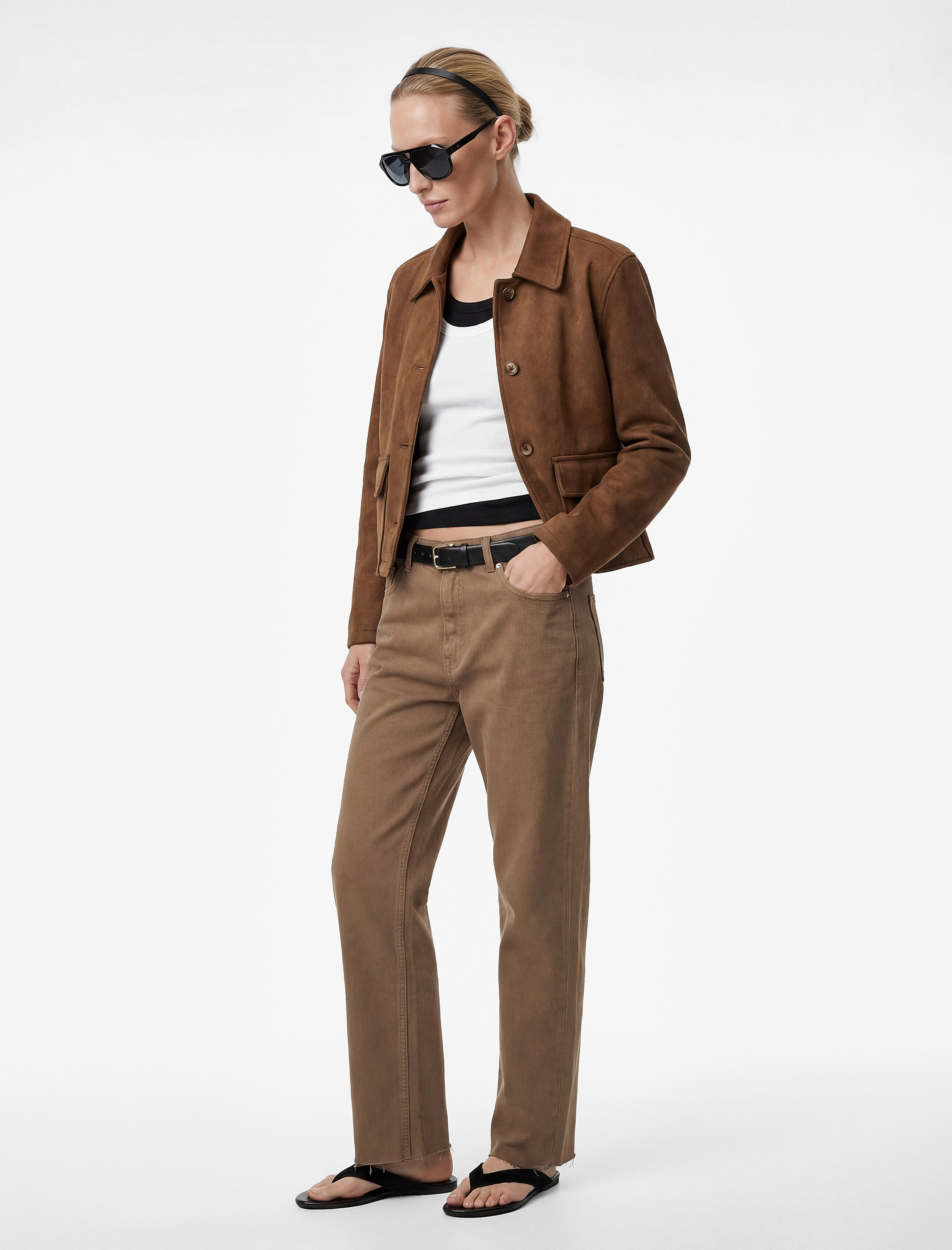   Yüksek Bel Cepli Düğmeli Pamuklu Düz Paça Denim Pantolon - Mom Slim Jean