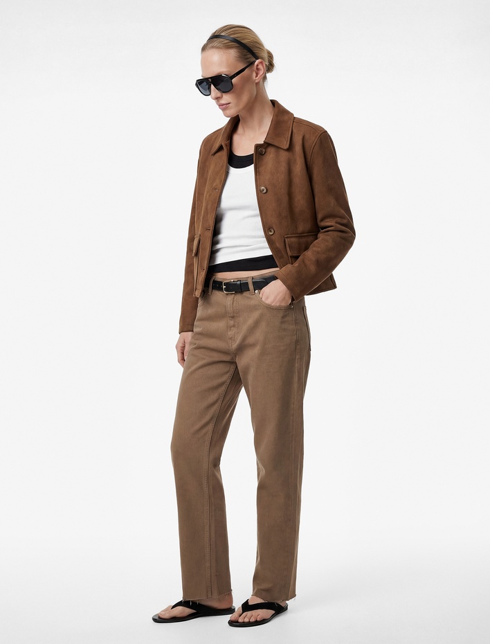  Yüksek Bel Cepli Düğmeli Pamuklu Düz Paça Denim Pantolon - Mom Slim Jean