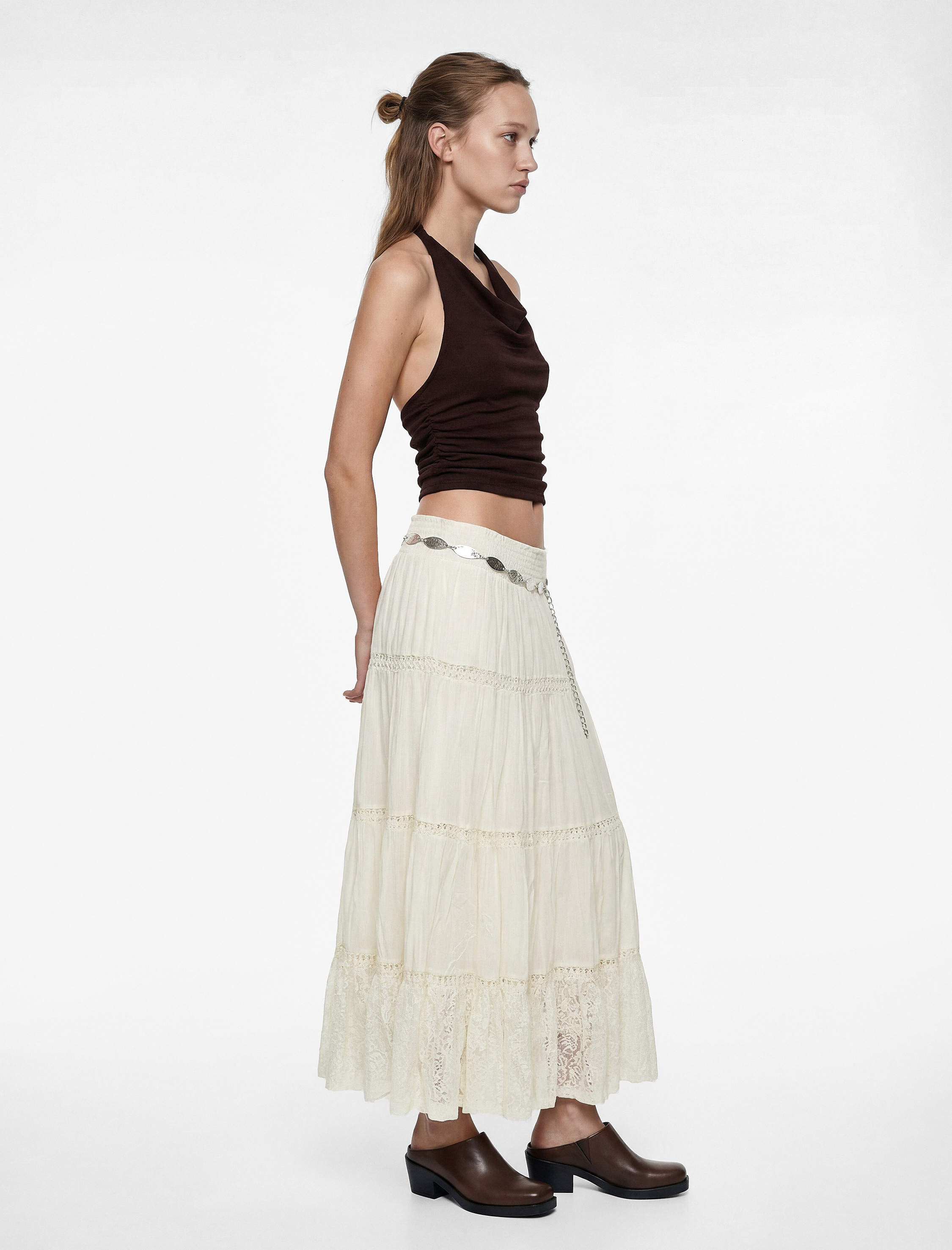   Dantel Detaylı Gipeli Pamuklu A Kesim Midi Etek