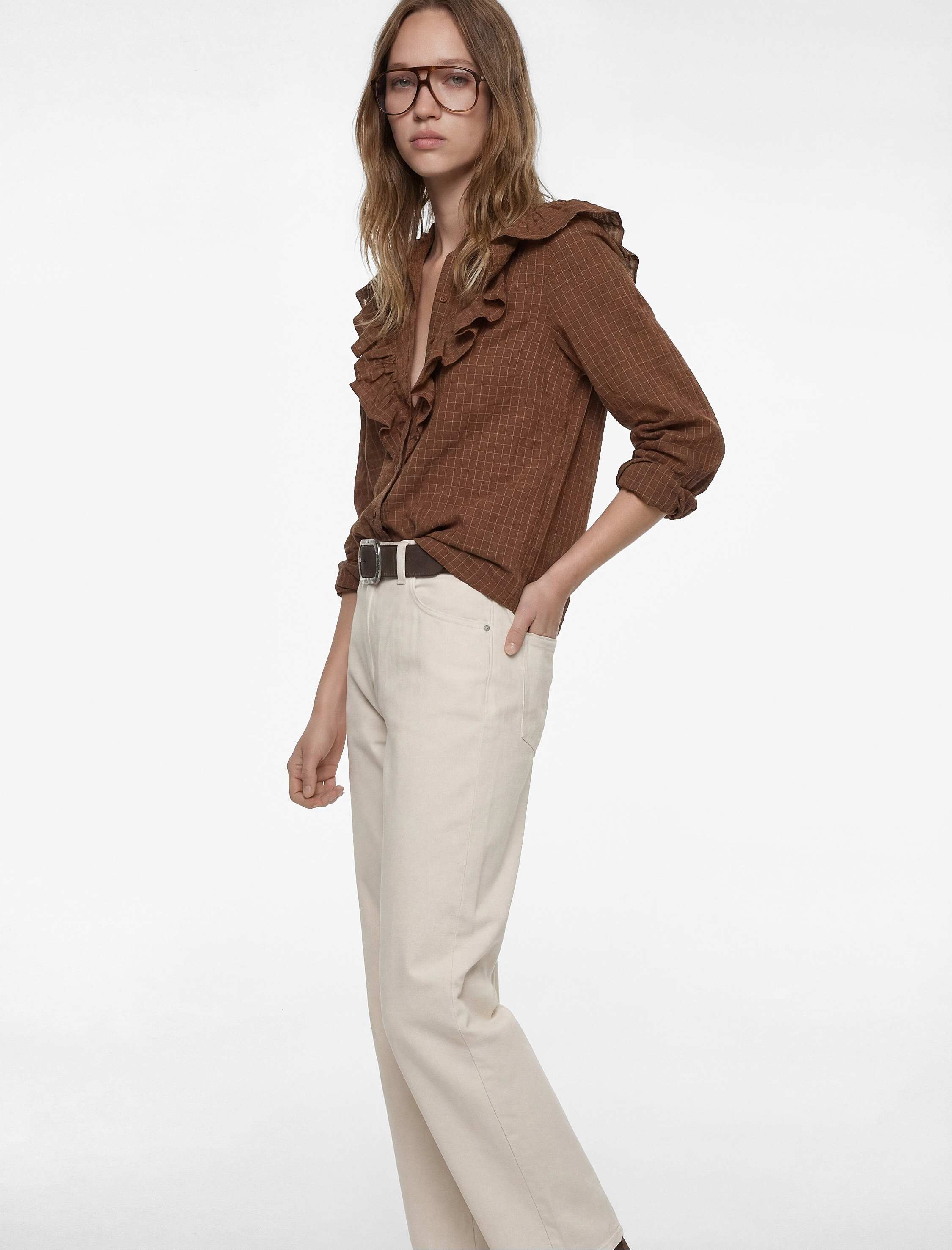   Düğmeli Uzun Kollu Fırfırlı Yaka Pamuklu Kareli Gömlek