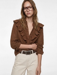 Düğmeli Uzun Kollu Fırfırlı Yaka Pamuklu Kareli Gömlek