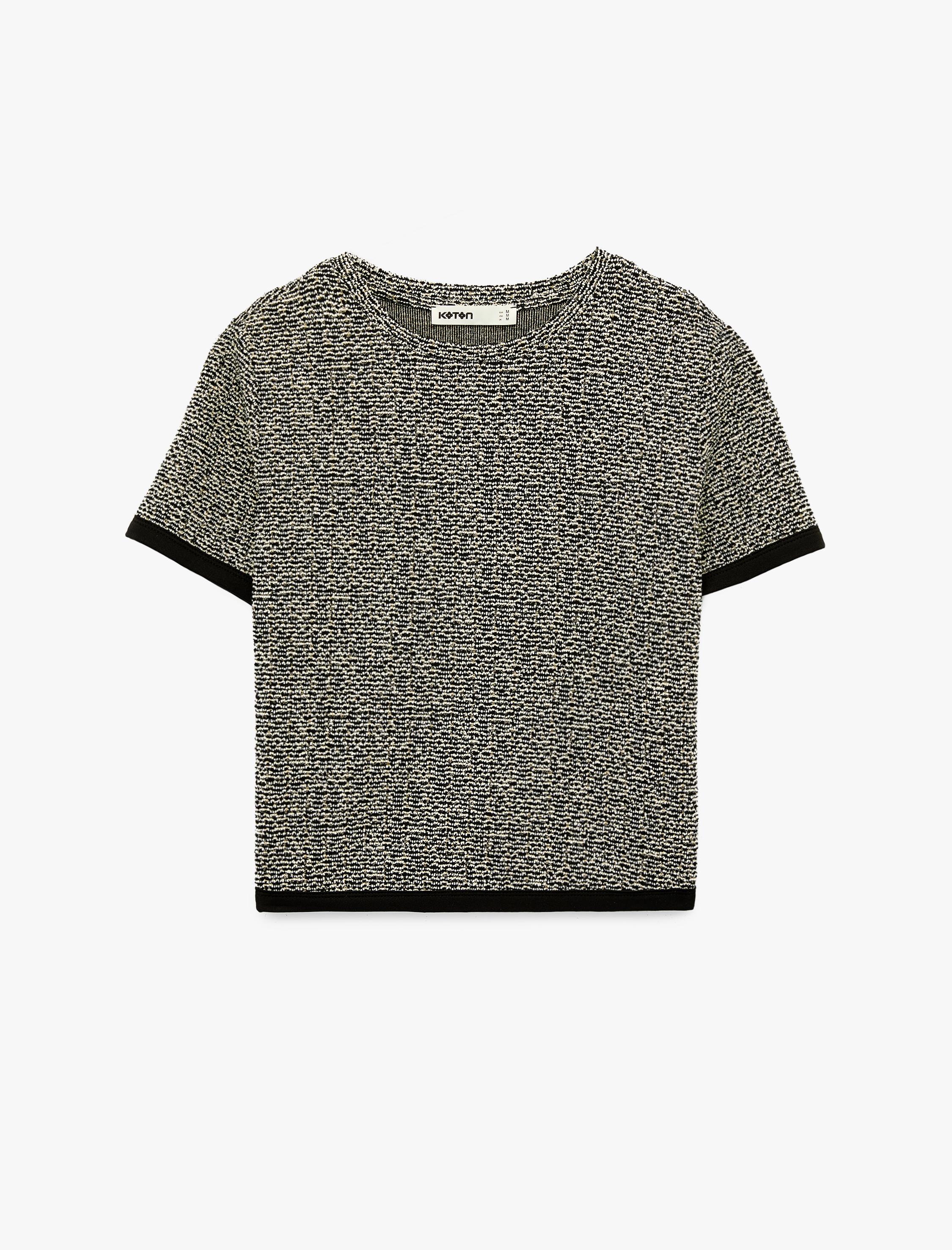   Metalik İplik Detaylı Parıltılı Kısa Kollu Bisiklet Yaka Dokulu Tişört