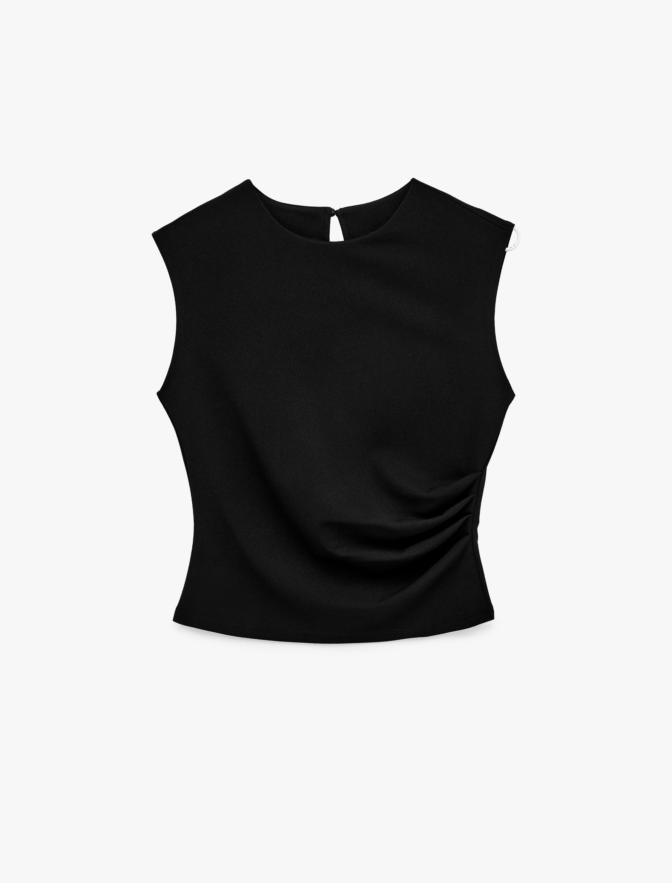   Krep Scuba Kumaş Slim Fit Bisiklet Yaka Kolsuz Drape Detaylı Bluz