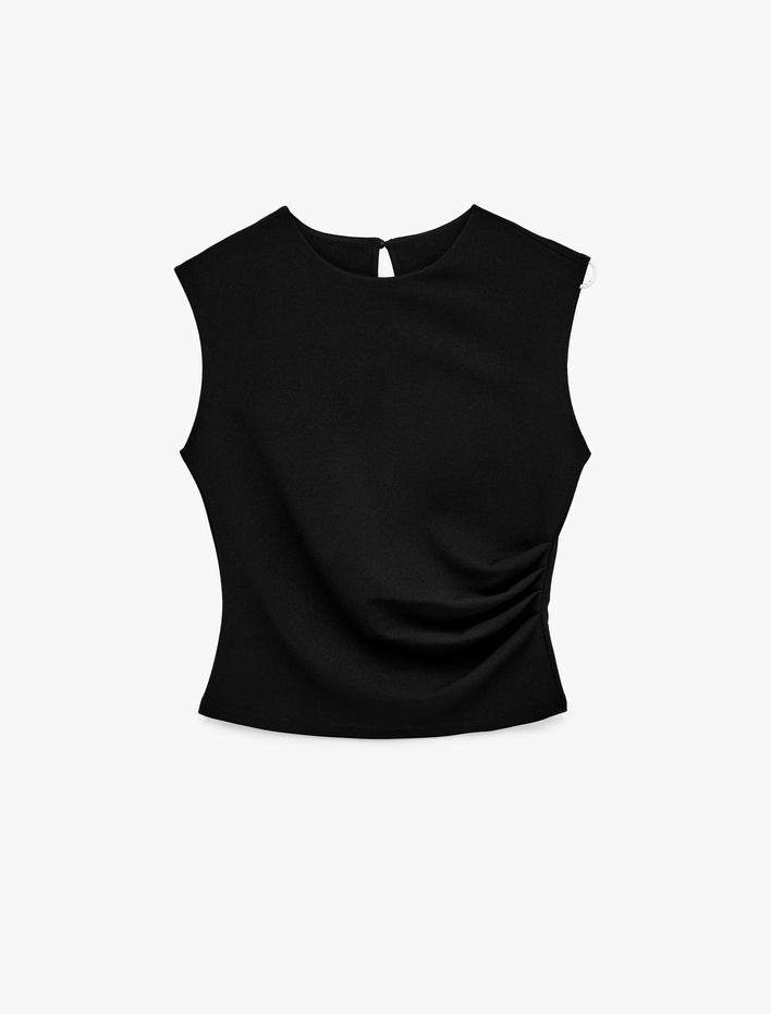  Krep Scuba Kumaş Slim Fit Bisiklet Yaka Kolsuz Drape Detaylı Bluz