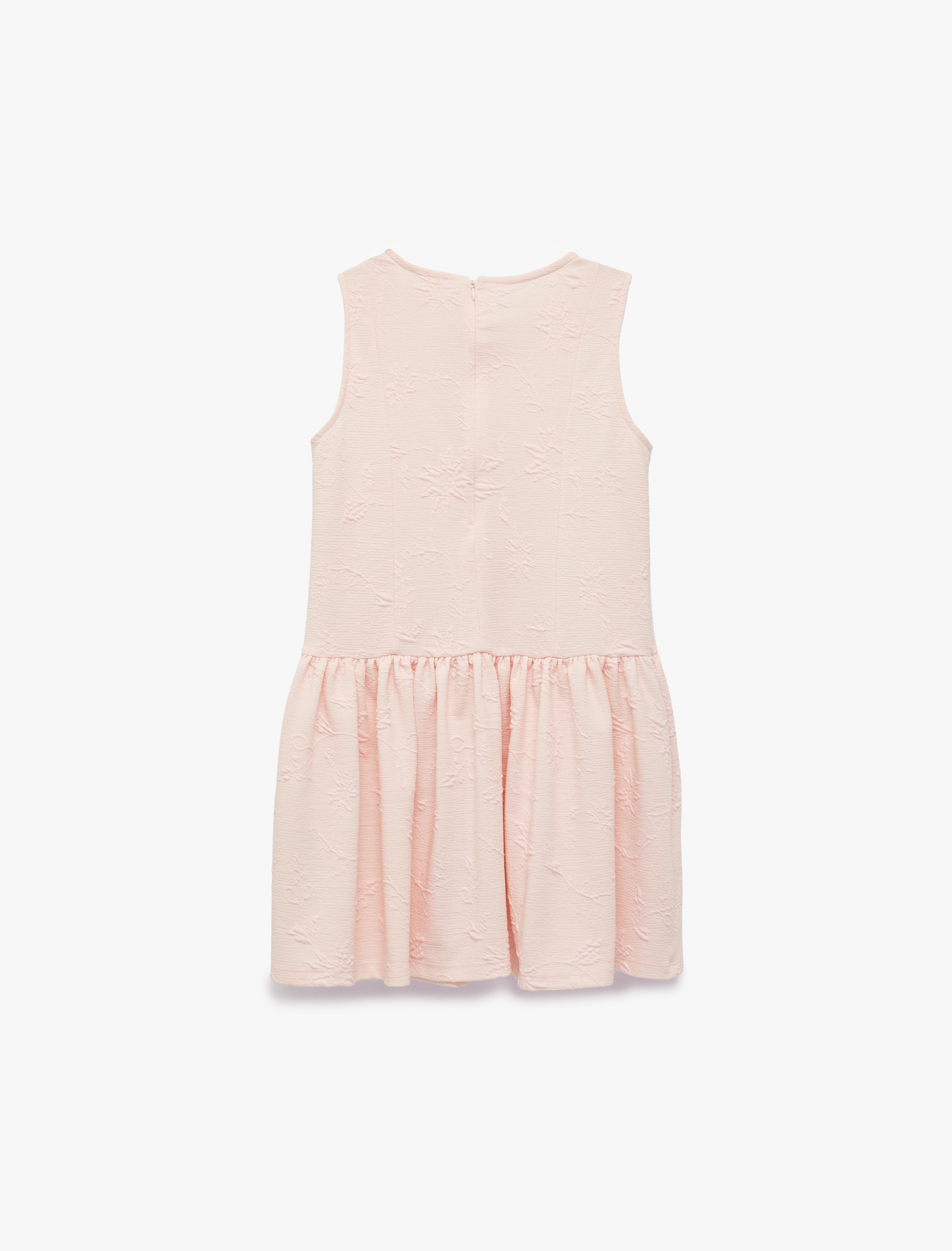  Kız Çocuk Bisiklet Yaka Floral Dokulu Fiyonk Detaylı A Kesim Fırfırlı Kolsuz Elbise