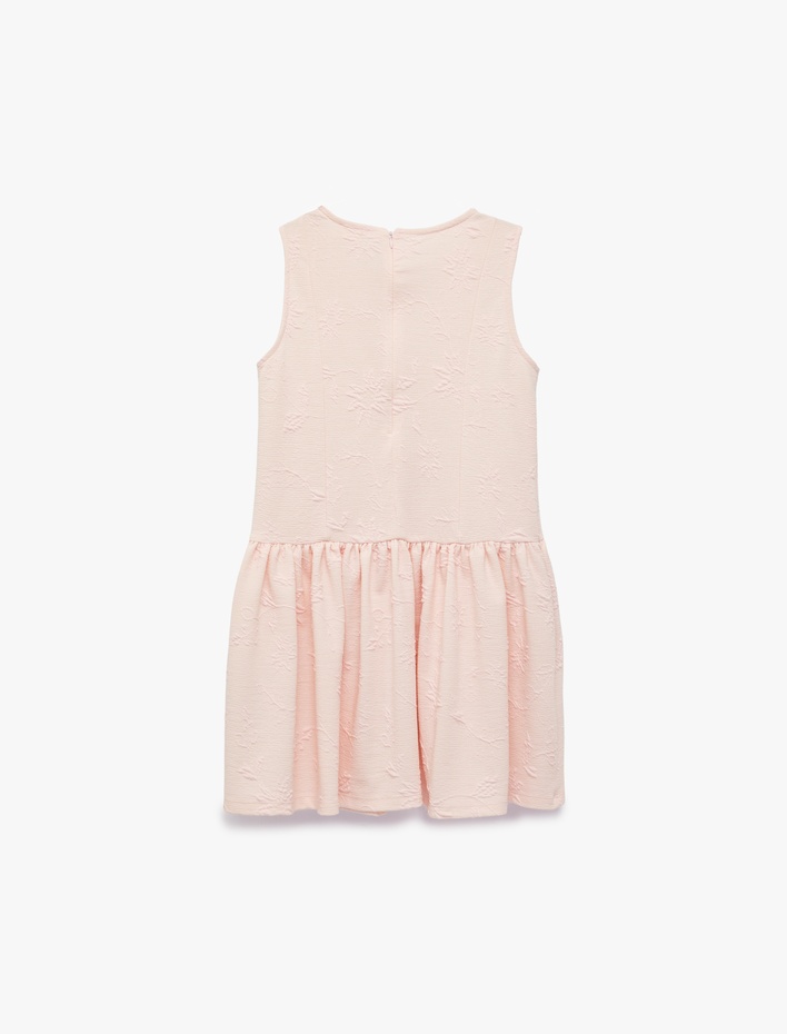 Kız Çocuk Bisiklet Yaka Floral Dokulu Fiyonk Detaylı A Kesim Fırfırlı Kolsuz Elbise