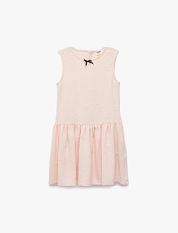 Bisiklet Yaka Floral Dokulu Fiyonk Detaylı A Kesim Fırfırlı Kolsuz Elbise