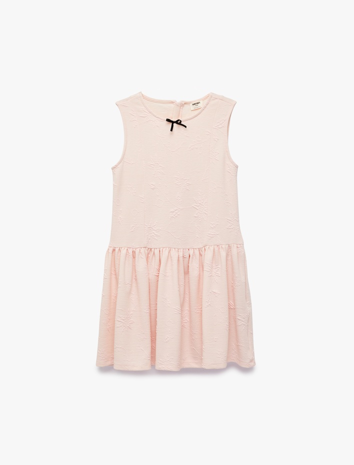 Kız Çocuk Bisiklet Yaka Floral Dokulu Fiyonk Detaylı A Kesim Fırfırlı Kolsuz Elbise