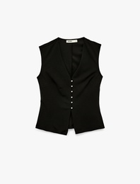 Krep Scuba Kumaş Düğmeli Hafif Peplum Kesim Yelek