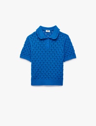 Pamuklu Kısa Kollu Gömlek Yaka Ajurlu Triko Kazak