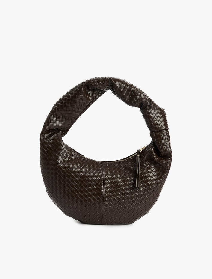 Kadın Örgü Desenli Suni Deri Fermuarlı Omuz Çantası