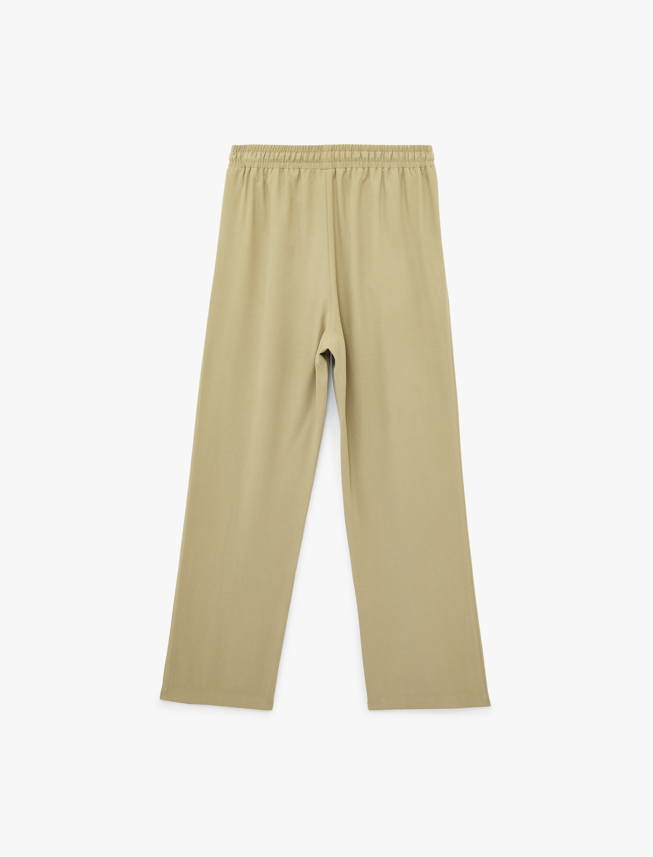   Kupro Viskon Kumaş Beli Lastikli Bağlamalı Cepli Düz Bol Paça Pantolon