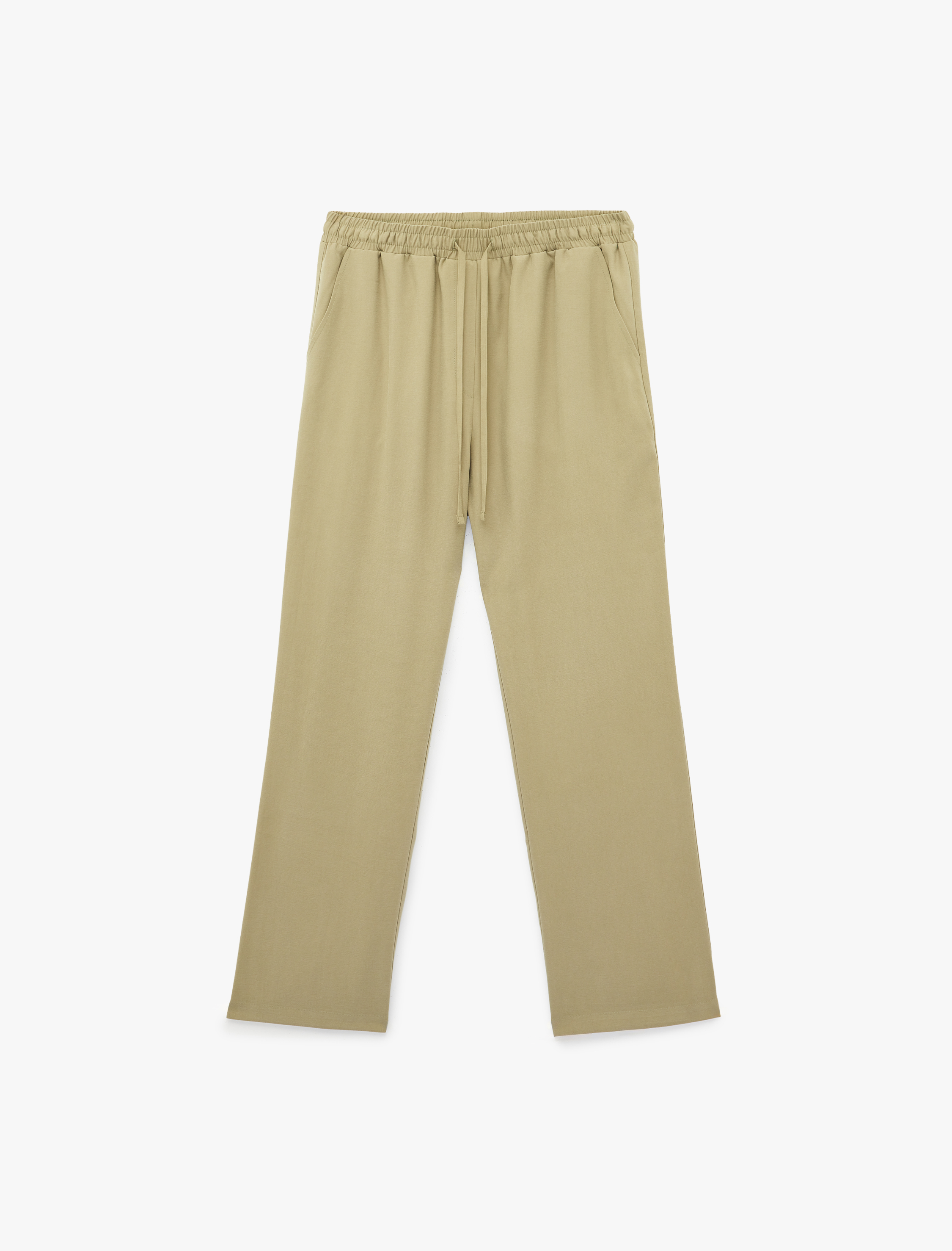   Kupro Viskon Kumaş Beli Lastikli Bağlamalı Cepli Düz Bol Paça Pantolon