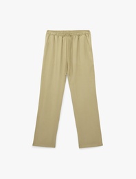 Kupro Viskon Kumaş Beli Lastikli Bağlamalı Cepli Düz Bol Paça Pantolon