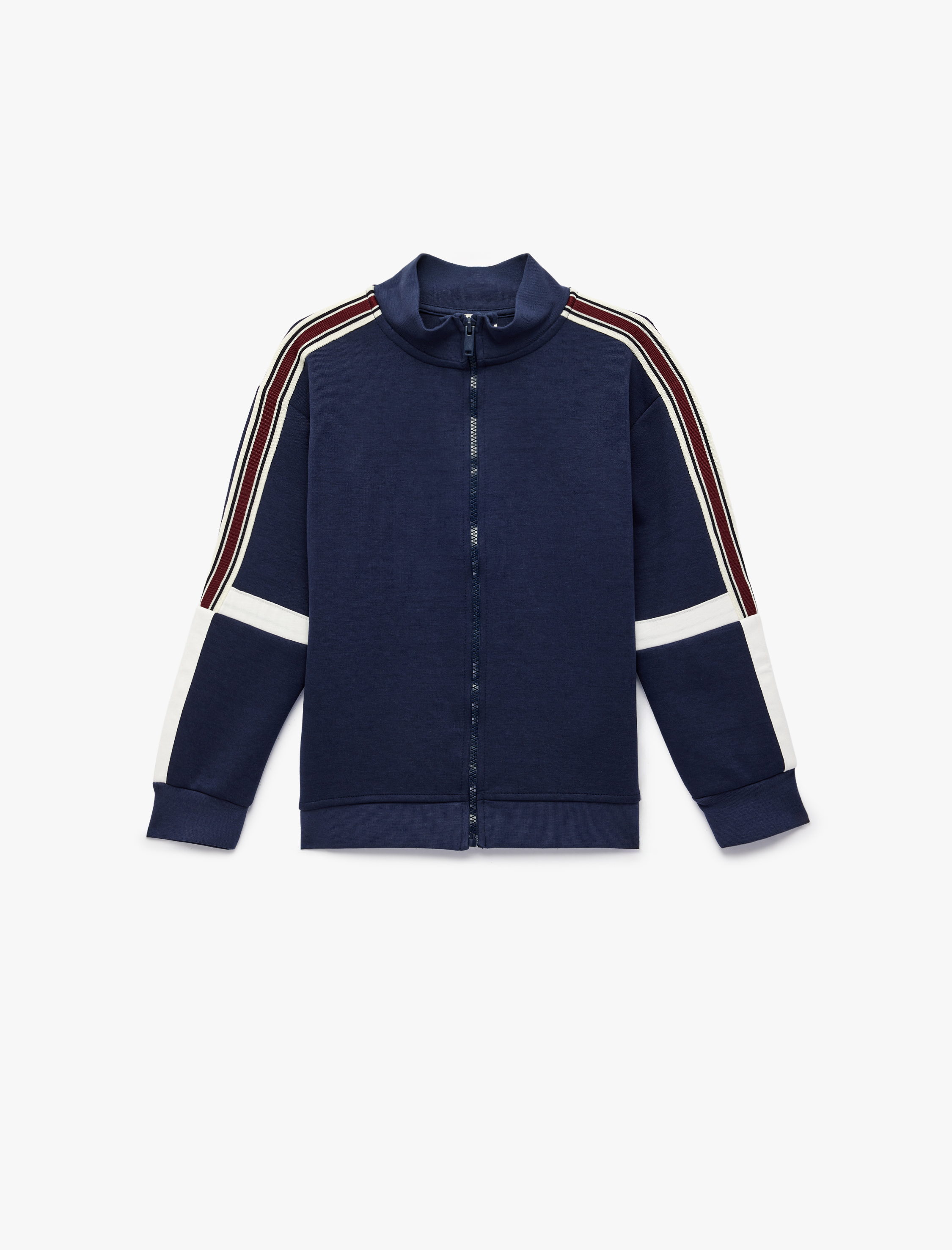  Erkek Çocuk Uzun Kollu Çizgili Şerit Detaylı Dik Yaka Fermuarlı Oversize Ceket