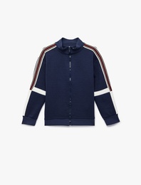 Uzun Kollu Çizgili Şerit Detaylı Dik Yaka Fermuarlı Oversize Ceket