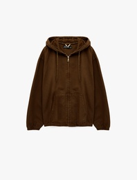 Uzun Kollu Pamuklu Cepli Fermuarlı Oversize Kapüşonlu Jean Ceket