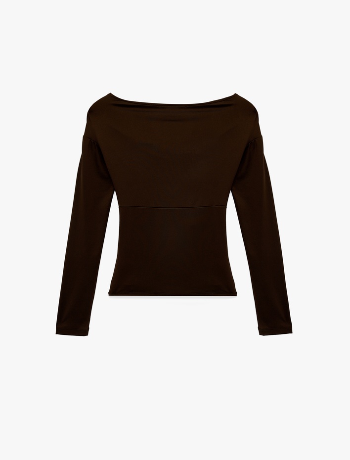  Slim Fit Uzun Kollu Asimetrik Yaka Drapeli Tişört