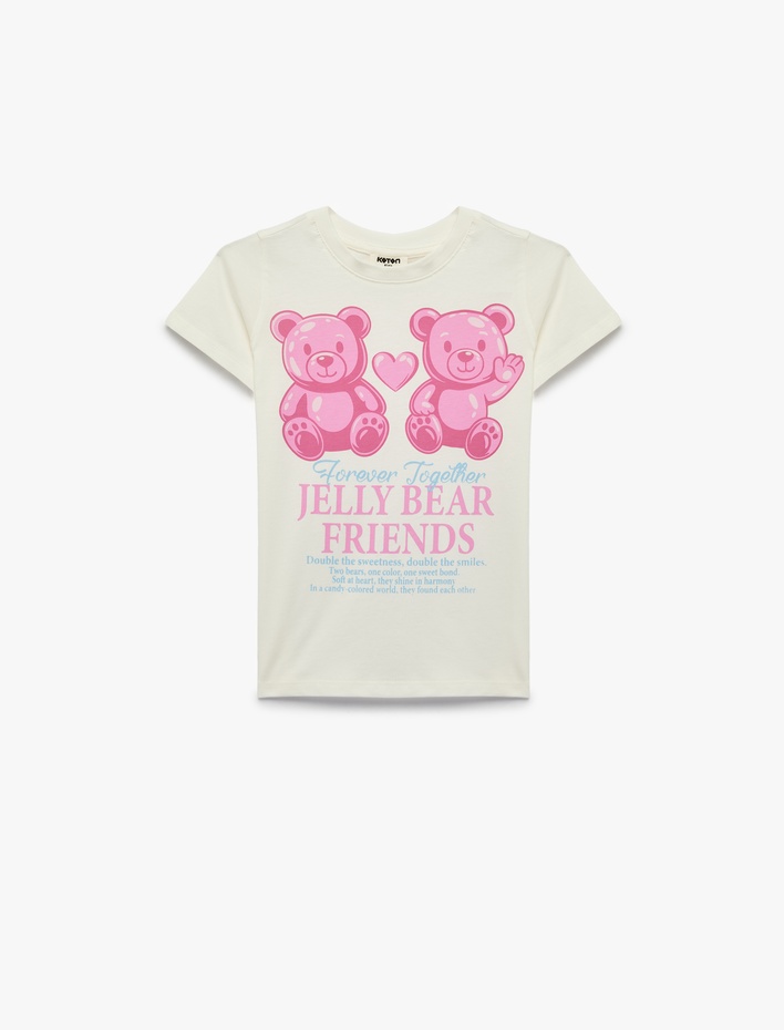 Kız Çocuk Pamuklu Kısa Kollu Bisiklet Yaka Ayıcık Baskılı Tişört