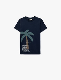 Kısa Kollu Bisiklet Yaka Pamuklu Palmiye Baskılı Tişört